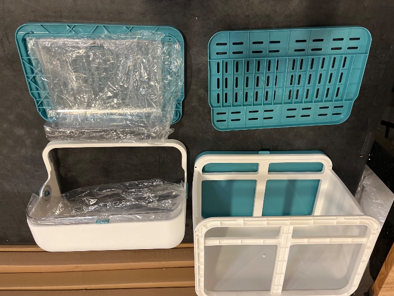 Photo 1 of 2 Tier Dish Drying Rack Drainboard Set Kitchen Dish Rack with Lid Cover Plastic Small Utensil Holder Rack for Kitchen Plate Cup Dish Storage Box Blue