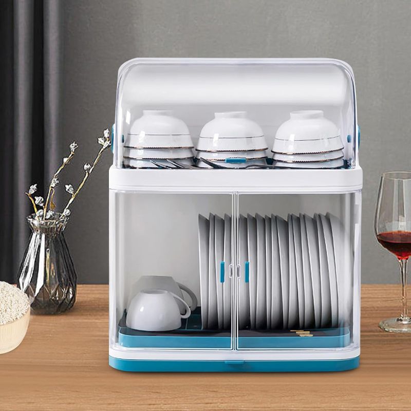Photo 1 of 2 Tier Dish Drying Rack Drainboard Set Kitchen Dish Rack with Lid Cover Plastic Small Utensil Holder Rack for Kitchen Plate Cup Dish Storage Box Blue