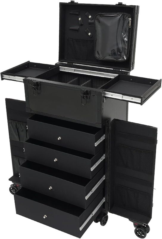 Photo 1 of Makeup Rolling Train Case Large Storage Cosmetic Trolley, Professional Cosmetic Organizer Box with Three Adjustable Rod Lengths Salon Barber Case Traveling Cart Trunk,15.75 * 11.81 * 31.5in
