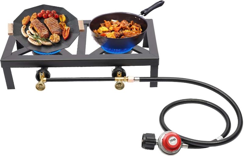Photo 1 of Double Propane Outdoor Burner Outdoor Gas Stove Propane Cooker with Adjustable 0-20Psi Regulator Hose for Patio Camping, BBQ, Home Brewing, Turkey Fry