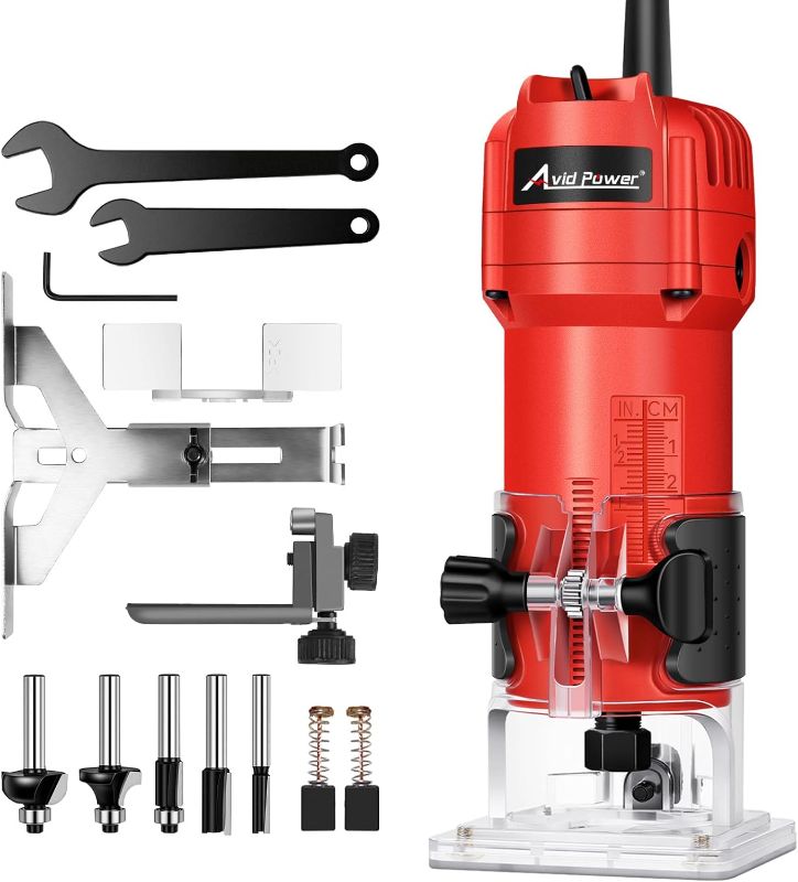 Photo 1 of AVID POWER 630W 5.3 Amp Wood Router Tool with Fixed Base Compact Router for Woodworking, 35,000 RPM, 1/4” collet & 5 Trim Bits, Straight & Roller Guide, 2 Wrenches and Carbon Brushes
