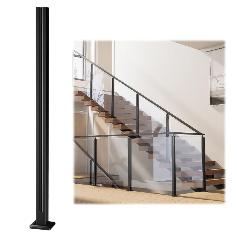 Photo 1 of [Patent]Muzata 1Pack 36"x2"x2" Black Glass Railing Post for Level or Stair Middle and End Post with Bracket for Handrail T304 Stainless Steel Indoor Outdoor Glass Railing System for Deck Pool GS41 BG4
