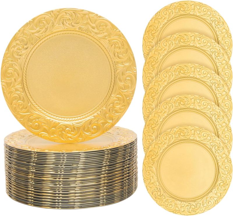 Photo 1 of Antique Charger Plates Set, 100 Pcs 13in Plastic Embossed Gold Chargers for Dinner Plate, Round Floral Gold Chargers Plates Bulk for Table Setting, Wedding, Party, Event (100Pcs-Gold)