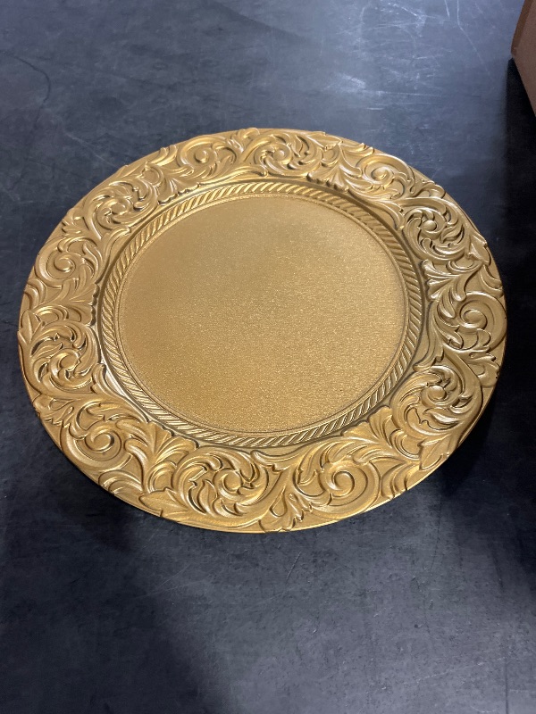 Photo 1 of Antique Charger Plates Set, 100 Pcs 13in Plastic Embossed Gold Chargers for Dinner Plate, Round Floral Gold Chargers Plates Bulk for Table Setting, Wedding, Party, Event (100Pcs-Gold)