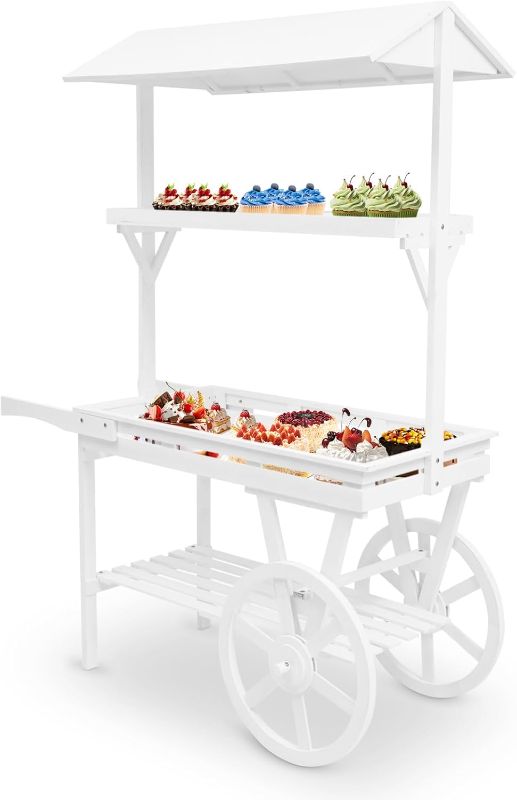 Photo 1 of Candy Cart Display Stand, Flower Cart Stand with Wheels, Large Country Market Wooden Rolling Table Carts for Display Flower Candy Party Favors and Crafted Items, Easy to Assemble (White2)