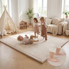 Photo 1 of Huloosleep 1.3" Thick Elasti-Foam 118" x 79" Playpen Mat for Tummy Time,Water Repellent Soft Coral Velvet for Toddler,Infant,Kids,Non-Slip Backing Safe for Crawling (Beige)
