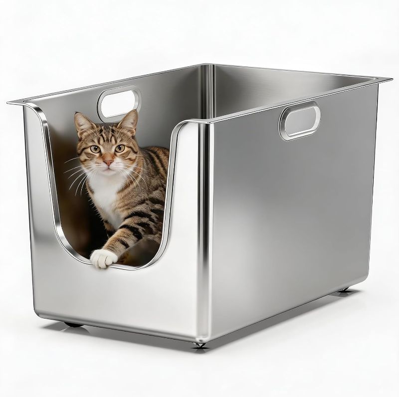 Photo 1 of Stainless Steel Litter Box 13.7'' High Sides, XL Metal Cat Litter Box with Curved Low Entry, Cat Litter Pan for Big & Multiple Cats, Pet Toilet with Handy Wheels for Easy Moving