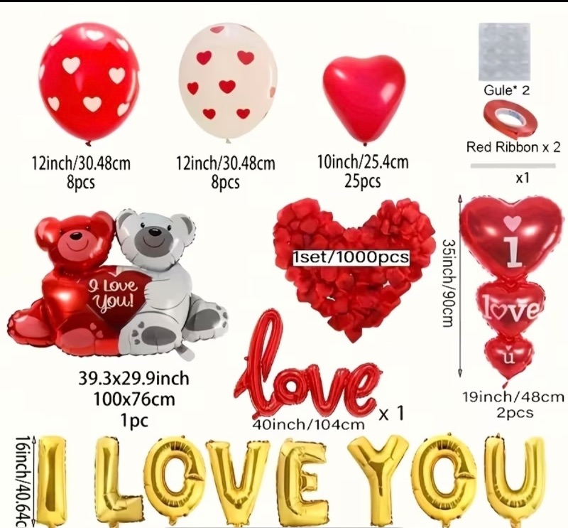 Photo 1 of 1058pcs Of Red Balloon Decoration Combination 39.3-inch Loving Bear, Artificial Rose Petals, I Love You Balloon Banner, with Red, Confession, Marriage Proposal, Anniversary, Valentine's Day, Romantic Party, Car Rear Party Decoration.