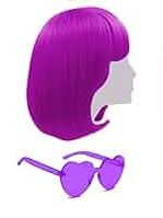 Photo 1 of Short Purple Bob Wigs With Bangs For Halloween Bachelor Party Decorations Neon Clown Wig With Wig Cap & Heart Shape Glasses, Short Curly Costume Party, Daily Party Hairpiece For Women Disco Play