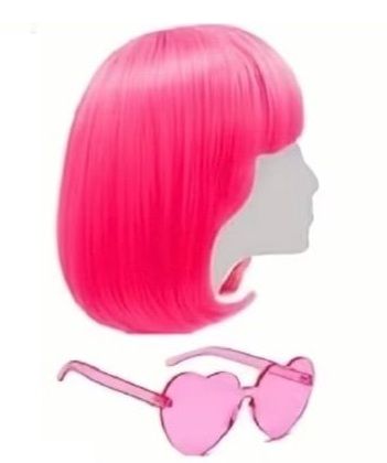Photo 1 of Short Pink Bob Wigs With Bangs For Halloween Bachelor Party Decorations Neon Clown Wig With Wig Cap & Heart Shape Glasses, Short Curly Costume Party, Daily Party Hairpiece For Women Disco Play