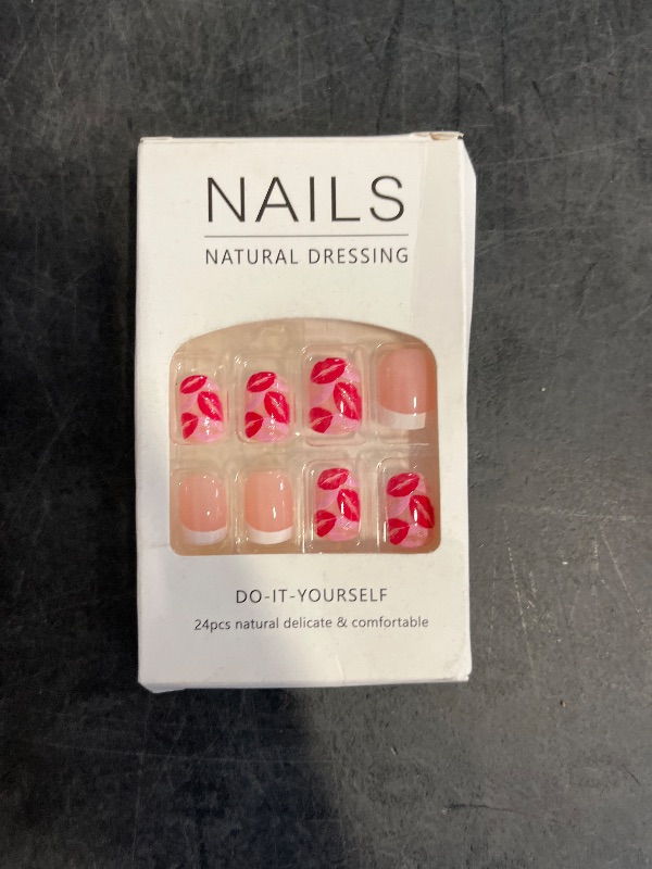 Photo 1 of 24Pcs Valentine's Day Press on Nails Short Square Fake Nails with Sexy Lip Designs, French Tip Press on Nails Valentine's Day Acrylic Nails Full Cover False Nail for Women