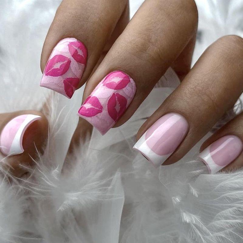 Photo 1 of 24Pcs Valentine's Day Press on Nails Short Square Fake Nails with Sexy Lip Designs, French Tip Press on Nails Valentine's Day Acrylic Nails Full Cover False Nail for Women