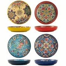 Photo 1 of 6pcs Bohemian 8-Inch Ceramic Pasta Plates with Vibrant Blue, Yellow, Red Patterns - Dishwasher & Microwave Safe, Ideal for Home Kitchen Decor or Gift, Kitchen Decor Essentials|Vibrant Pattern Plates|Durable Ceramic