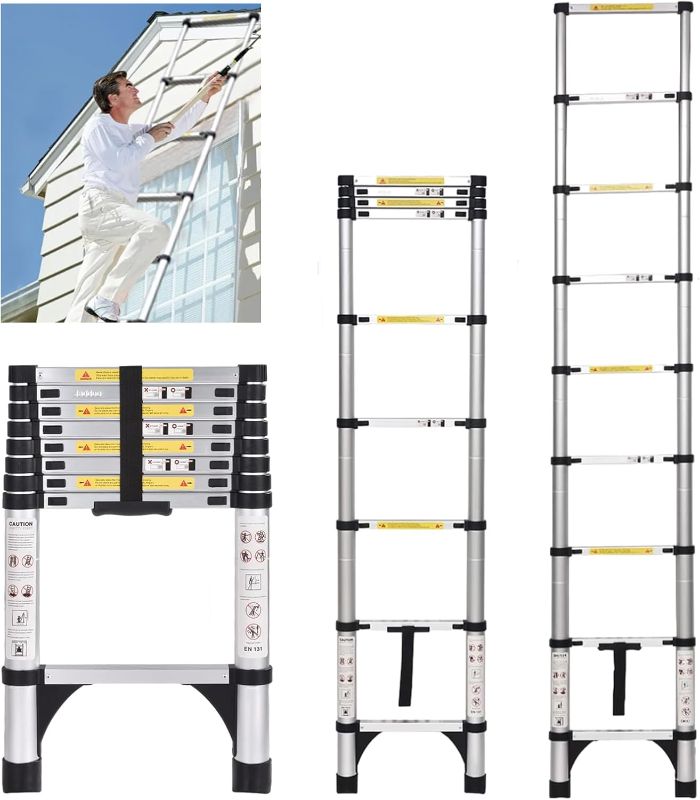 Photo 1 of ADDUO Telescoping Ladder,8.5 FT Extension Ladder,Aluminum Lightweight Telescopic Ladder With 2 Triangle Stabilizers, Telescoping Attic Ladder RV Ladders For Travel,Collapsible Ladders For Home,Black