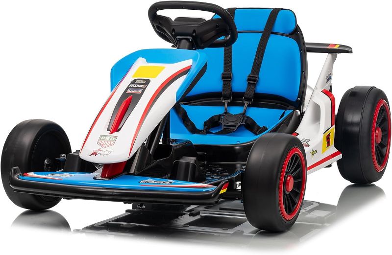 Photo 1 of 24V Kid Go Kart, 7AH Battery Powered Electric Vehicle, w/150 * 2 Motors, Drifting Car Soft Start, Music, Horn Honking and Safety Belt, Gift for Kids Age 8-12 Years Old, Blue