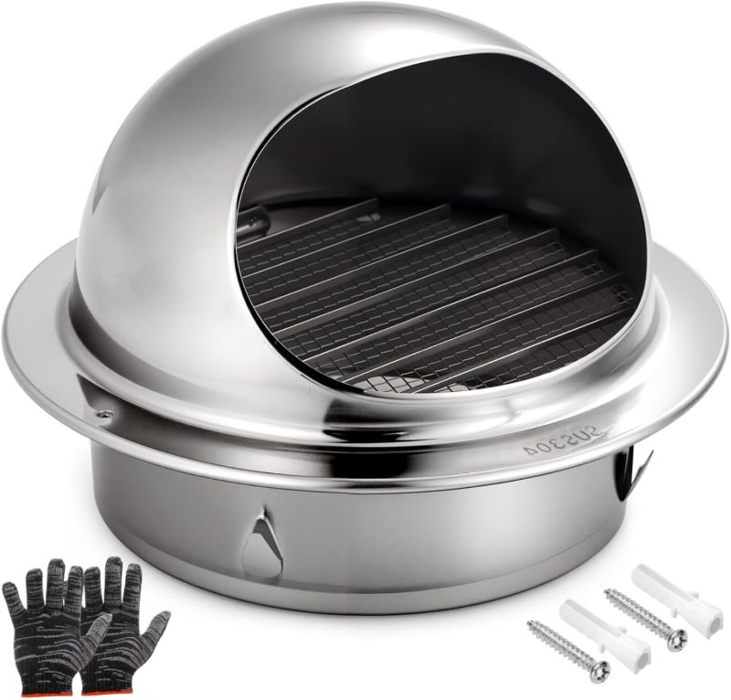 Photo 1 of 4 Inch approximately 10.2 cm Quality 304 Stainless Steel Wall Air Vent Hood with Louver & Mesh - Ideal for HVAC, Dryers & Industrial Use