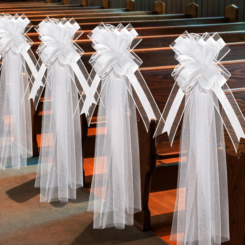Photo 1 of 6 Pack Set Large Wedding Pew Bows with Long Tulle Tails Church Chair Aisle Decorations Wedding Car Decoration Big Bows for Bridal Shower Reception Birthday Anniversary (White)