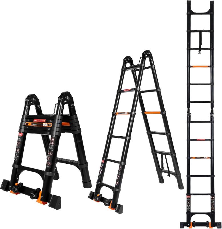 Photo 1 of 12.5 FT A Frame Telescoping Extension Ladder with Balance Bar & Wheels, Multi-Purpose Aluminum, Heavy Duty 330 lbs Max Capacity, Ideal for Home and Outdoor Work, Black