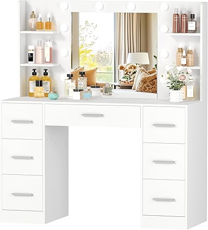 Photo 1 of Irontar Vanity Desk, Makeup Vanity with 10 LED Lights & 7 Metal Sliding Drawers, Brightness Adjustable, Vanity Table with 6 Open Shelves, Bedroom Makeup Table for Women Girls, White 