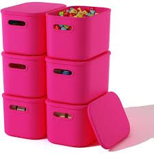 Photo 1 of 6 Pack Pink Storage Bins with Lids Stackable Storage Container for Organizing, Storage Boxes with Handle for Shelves, Cute Storage Bin for Craft, Snacks, 9.85x6.9x5.7 inch