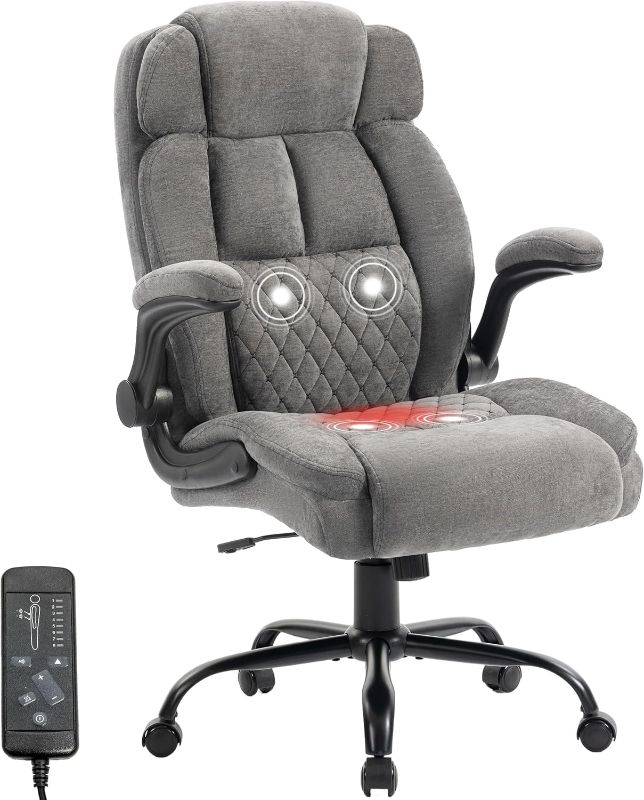 Photo 1 of Massage Office Chair, 500LBS Ergonomic Rocking Executive Desk Chairs with 4 Points Vibration&Heat,Padded Flip-up Armrests for Big and Tall Office Chair,Swivel Computer Chair Thicken Back,Fabric Grey