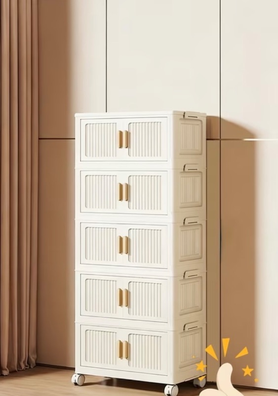 Photo 1 of 5-Tier Foldable Plastic Storage Cabinet with Flip Doors and Wheels, 50cm Wide Stackable Collapsible Organizer Bins for Clothes, Toys & Office Supplies