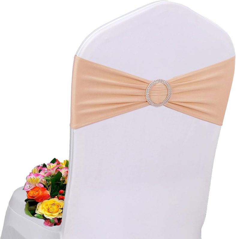 Photo 1 of IRT Lovely Champagne Chair Sash & Bow Set: 50 Pack Clearance Spandex Chair Sashes Universal - Elastic Bands with Buckle Slider - Perfect for Wedding Banquet Parties