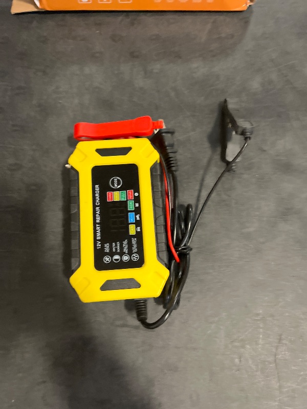 Photo 1 of 12V 6-Amp Car Battery Trickle Charger,Smart Portable Float Charger for Car, Motorcycle, Lawn Mower - Maintains SLA, AGM, Gel Cell, and Wet Lead Acid Batteries, yellow
