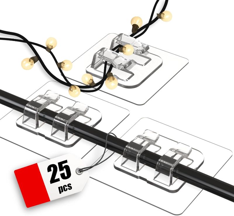 Photo 1 of Hooks for Outdoor String Lights, 25 Pack Heavy Duty Cable Clips, Damage Free Cord Clips, Waterproof and UV-Resistant, Clear Self-Adhesive Hooks for Hanging Christmas Lights Outdoor and Patio Decor