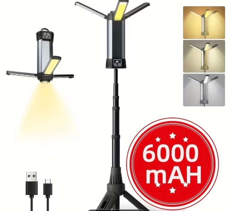 Photo 1 of Camping Gear And Equipment, 6000/14500mAh Rechargeable LED Camping Light With Tripod Stand, 10 Light Modes, 3 Height Adjustments, Portable Flashlight & Work Light For Outdoor Activities, Courtyard Lighting & Emergency Use.