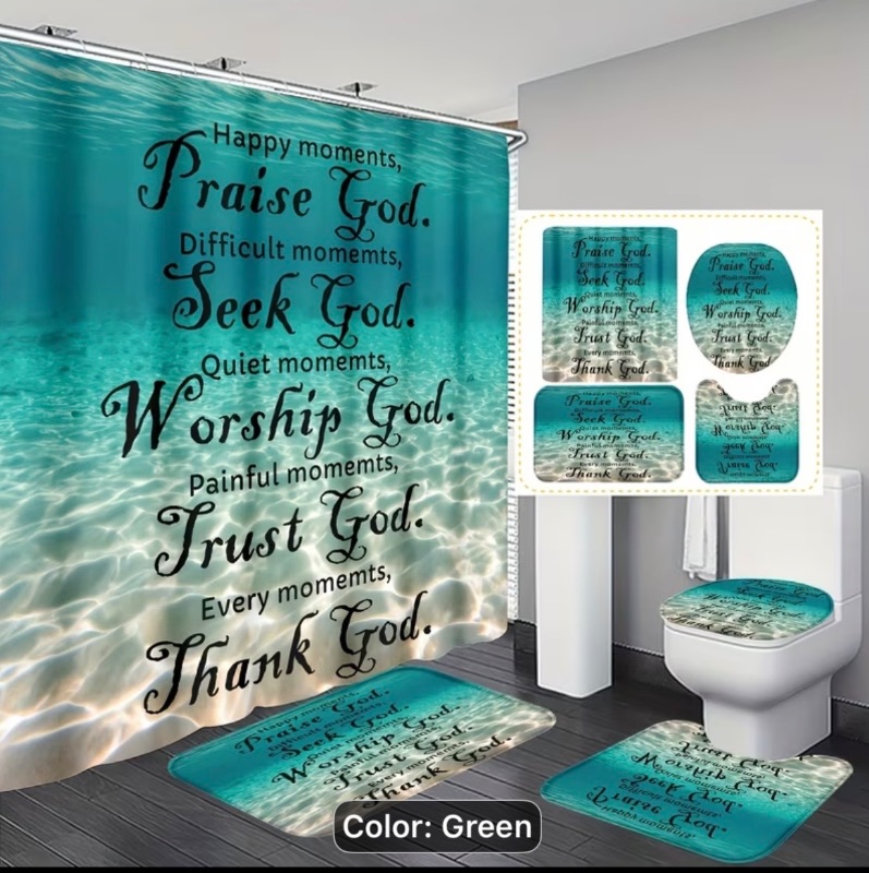 Photo 1 of 4pcs Blue Sea Water Blessing Words Shower Curtain Bathroom Sets, Fashion Shower Curtain Sets With Rug, Abstract Modern Shower Curtain Set, With 12 Hook, Bath Mat, U-shaped Bath Mat And Toilet Seat Cover