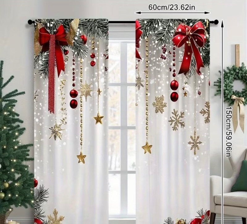 Photo 1 of 2D flat printing 2pcs Merry Christmas Drapes red bow Fabric