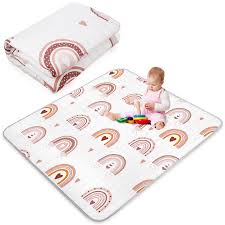Photo 1 of Boho Baby Play Mat Portable Crawling Washable Foldable Tummy Time Non Slip Baby Floor Large Playpen Mat for Infants Toddlers Floor Playpen Activity(Boho Rainbow)