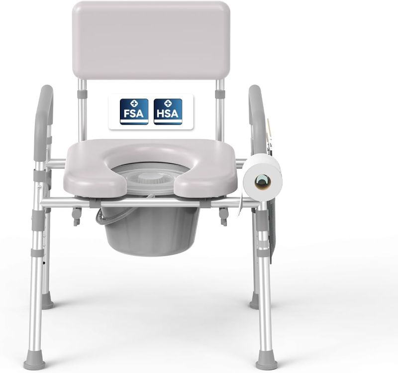 Photo 1 of Bedside Commode with Padded Seat & Backrest, Aluminum Toilet with 6.5 qt Bucket, Easy-Clean, 350 lb Capacity Enhanced Crossbar, Portable Toilet for Seniors with Paper Holder & Newspaper Bag