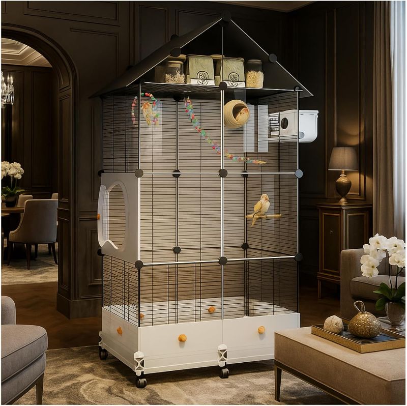 Photo 1 of 60in Large Flight Bird cage, Equipped with Bird's Nest? Ladder, Swing, Feeder, etc. with Wheels for Easy Outdoor Movement, Suitable for Parrots, Pigeons (Black)