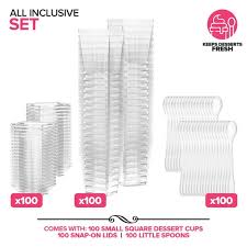 Photo 1 of 100 Pack 5 oz Elegant Mini Clear Plastic Dessert Cups with Lids and Spoons Square Parfait Cup w/Lid for Small Individual Desserts, Pudding Shooters, Appetizers, Trifle Shooter
