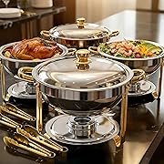 View 1 of ALSO GO Round Chafing Dishes for Buffet with 4 Serving Tongs, 4 Pack 6QT Chafing Dishes Buffet Set, Golden Stainless Steel Catering Food Warmer for for Party, Gathering,Wedding