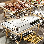 Photo 1 of ALSO GO Chafing Dishes for Buffet, Rectangular Chafing Dish Set with 4 Serving Tongs, 9QT 4 Pack Gold Chafing Dishes for Buffet, Party, Gatherings, Banquets, Weddings