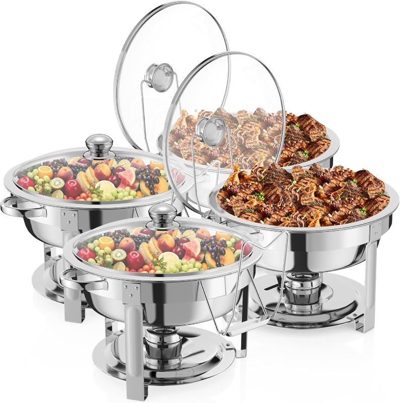 Photo 1 of 4 Packs Chafing Dish Buffet Set,8QT Round Glass Cover Stainless Steel Buffet Servers and Warmers, Thick Stand Frame Catering Chafe with Mirror Covers,Food Warmer for Party, Weddings,Picnic