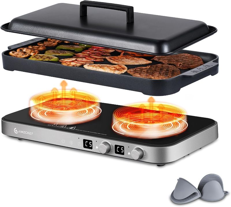 Photo 1 of AMZCHEF Double Induction Cooktop with Removable Griddle Pan Non-stick, 1800W 2 burner Portable Induction Stove With Sensor Touch 9 Power Levels, 99 Min Timer, Iron Grey