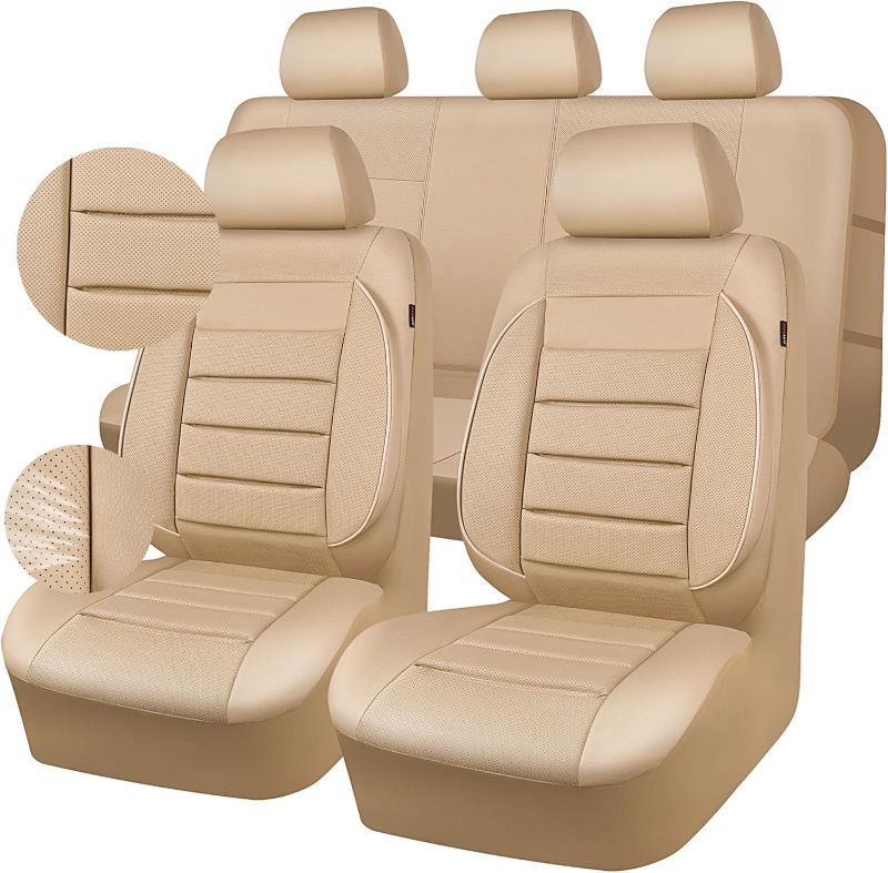 Photo 1 of CAR PASS Leather Seat Covers Full Set Universal Water Resistant 3D Foam Back Support, Luxury Comfort Automotive 5 Seat Covers All Season Fit for SUV,Sedan,Van, Airbag Compatible Elegance (Beige)