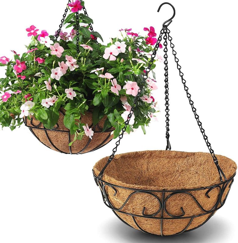 Photo 1 of CABASAA 2 Pack Metal Hanging Planter Basket with Coco Coir Liner Chain Round Wire Plant Holder Flower Pots Hanger Garden Decoration Porch Decor Watering Hanging Baskets Indoor Outdoor (10INC set of 2)