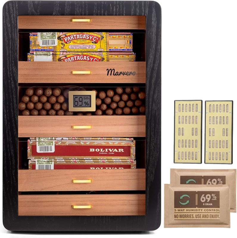 Photo 1 of Cigar Humidors, Cedar Wood Humidor with Digital Hygrometer, Drawers, Humidifiers and Gold-Plated Hardwares. Cigar humidor Cabinet for Men Husband Father, 300 Cigars Capacity Black Color