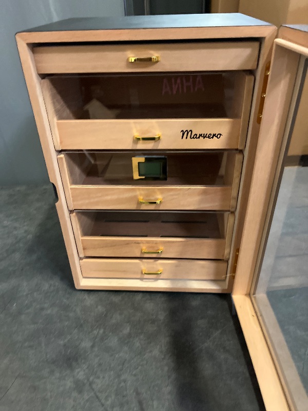 Photo 1 of Cigar Humidors, Cedar Wood Humidor with Digital Hygrometer, Drawers, Humidifiers and Gold-Plated Hardwares. Cigar humidor Cabinet for Men Husband Father, 300 Cigars Capacity Black Color