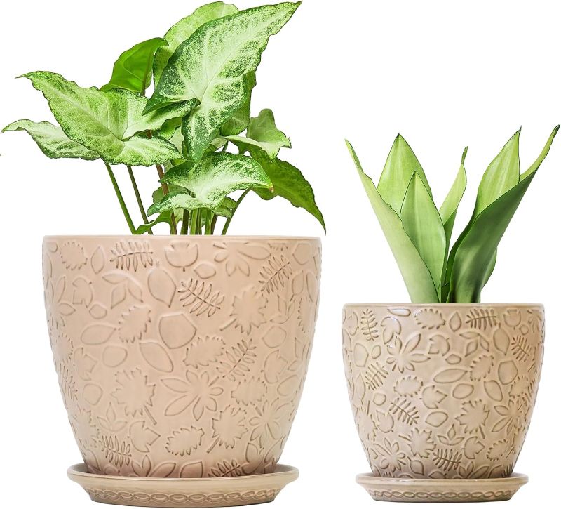 Photo 1 of 8 Inch + 6 Inch Retro Ceramic Planter Set of 2 with Drainage Hole and Saucer for Multiple Plants, Indoor-Outdoor Garden Pots for Succulent, Orchid, and Flower (Retro Peach)