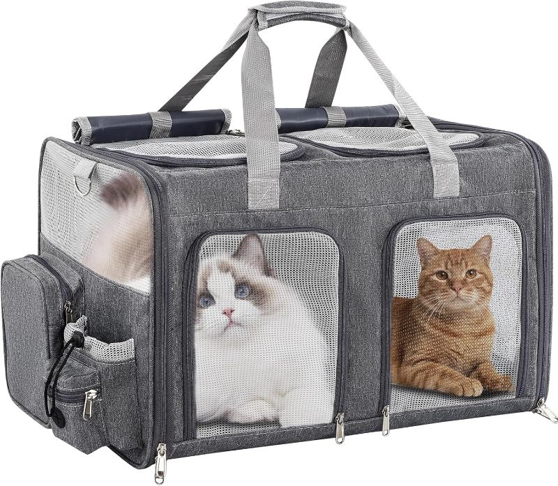 Photo 1 of Cat Carrier for 2 Cats - Double Pet Carrier Extra Large, Dual Cabin Multi Cat Travel Carrier with Removable Divider, Collapsible, Can Hold 20 30 40 lbs for Two Small Kitten, a Medium Dog Gray