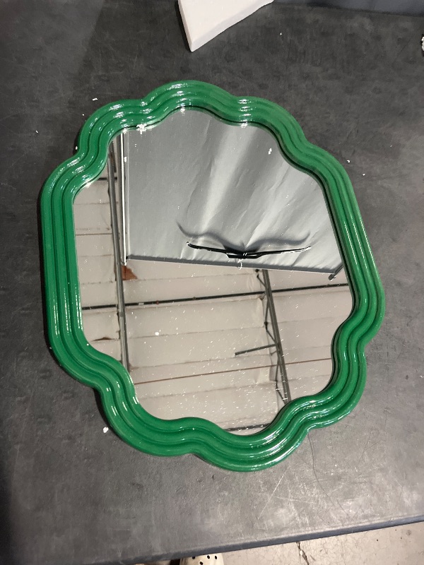 Photo 1 of Green Wavy Oval Mirror 16x20 Scalloped Wall Mounted Unique Wooden Frame Modern Mirror for Bedroom Living Room Entryway Hallway