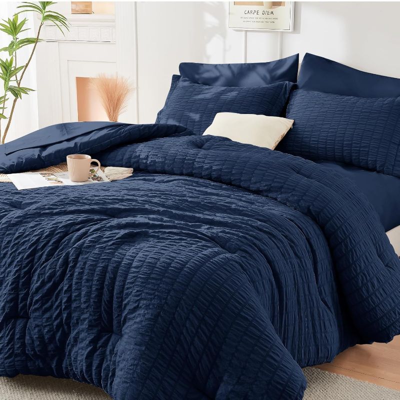 Photo 1 of HYMOKEGE Navy Blue Queen Comforter Set Seersucker 7 Pieces, All Season Luxury Bed in a Bag for Bedroom, Bedding Set with Comforters, Sheets, Pillowcases & Shams
