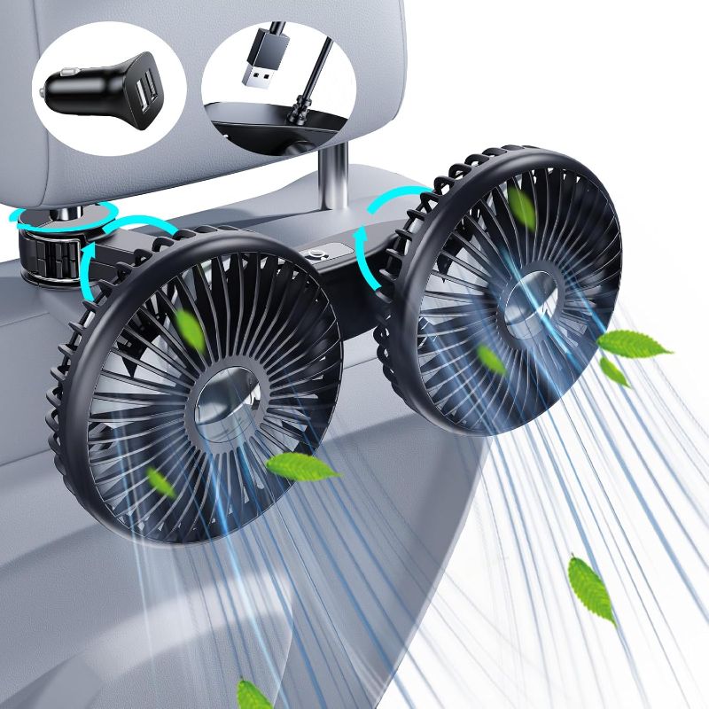 Photo 1 of Dual Head Car Fan for Back Seat,USB Powered Car Backseat Fans for Kids Baby Dog,360° Rotatable 3 Speeds Rear Headrest Cooling Fans,Carseat Cooler Fan that Blow Cold Air for Vehicles RV Truck