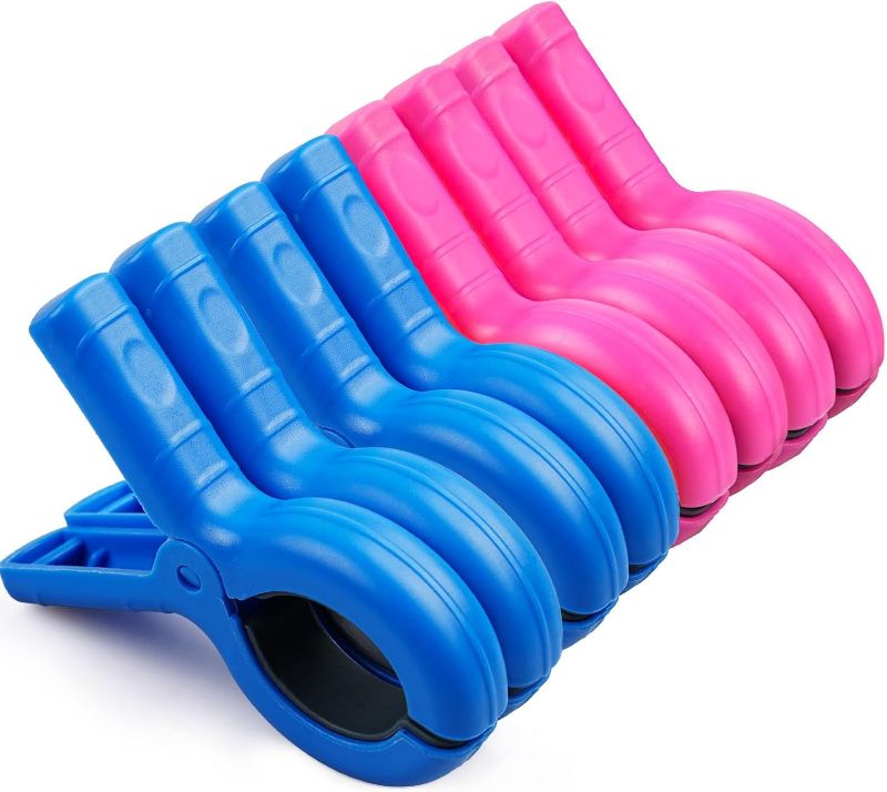 Photo 1 of 8 Pcs Beach Towel Clips for Beach Chairs, Towel Holder for Beach Chair Pool Chair on Cruise, Jumbo Size Heavy Duty Clothes Pins, Beach Chair Clips to Keep Your Towel from Blowing Away (Pink, Blue)